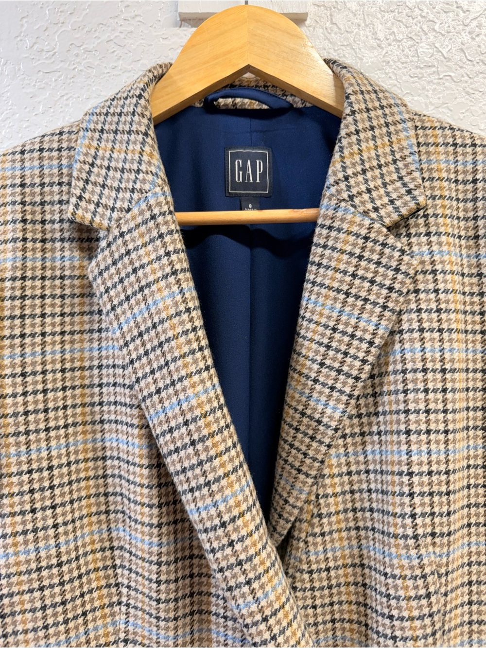 GAP Double Breasted Plaid Blazer Size 8 Wool Blend Houndstooth Blue Lined - Picture 4 of 11